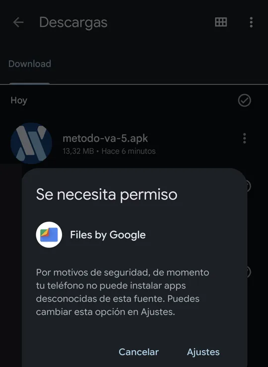 Se necesita permiso, con los botones Cancelar y Ajustes