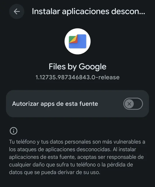 Ajuste Autorizar apps de esta fuente, apagado