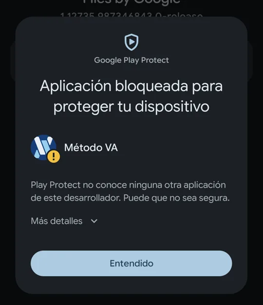 Play Protect: Aplicación bloqueada, con Más detalles y Entendido
