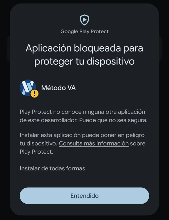 Play Protect desplegado con la opción Instalar de todas formas