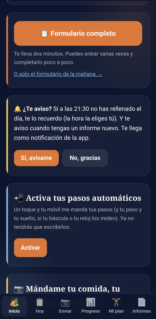 El portal dentro de la app, con la tarjeta Activa tus pasos automáticos