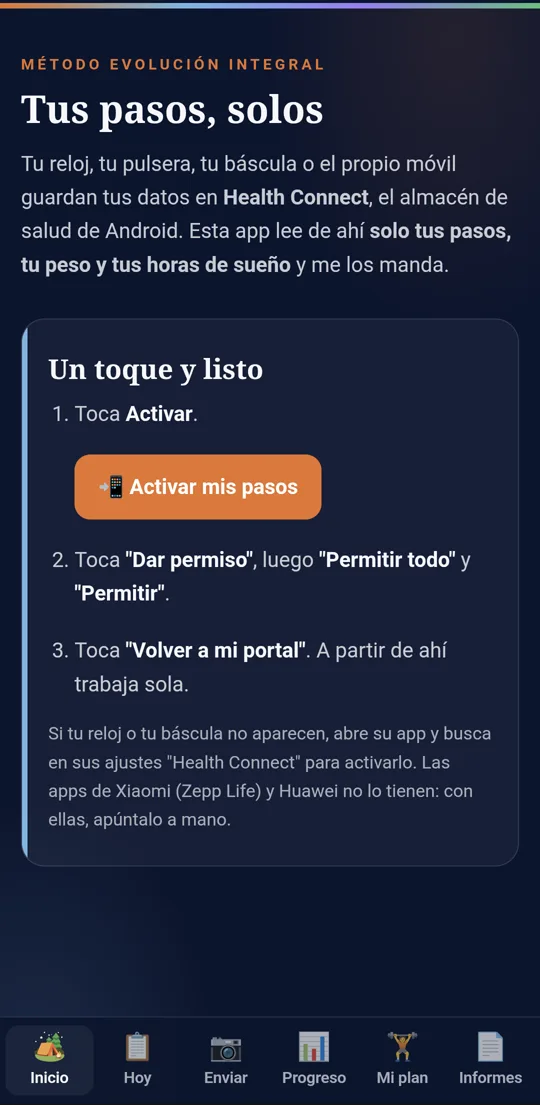 Página Un toque y listo con el botón Activar mis pasos