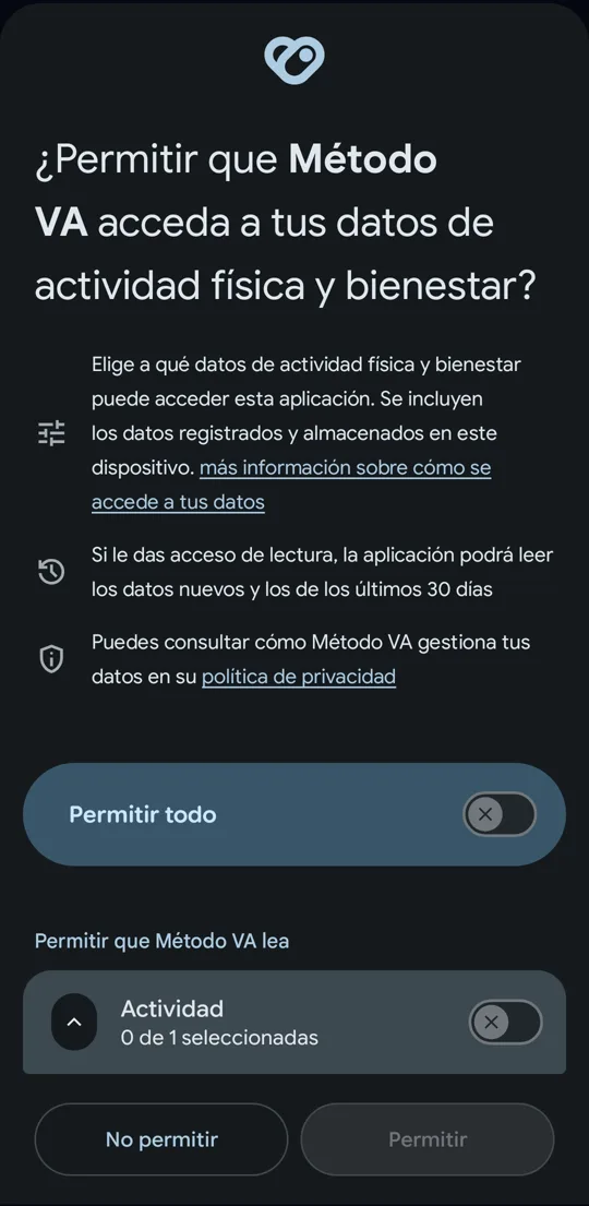 Salud conectada pide permiso para Método VA, con Permitir todo