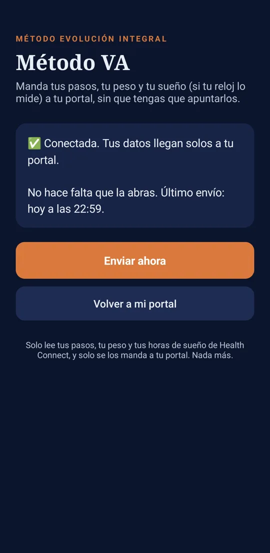 La app dice Conectada y ofrece Volver a mi portal