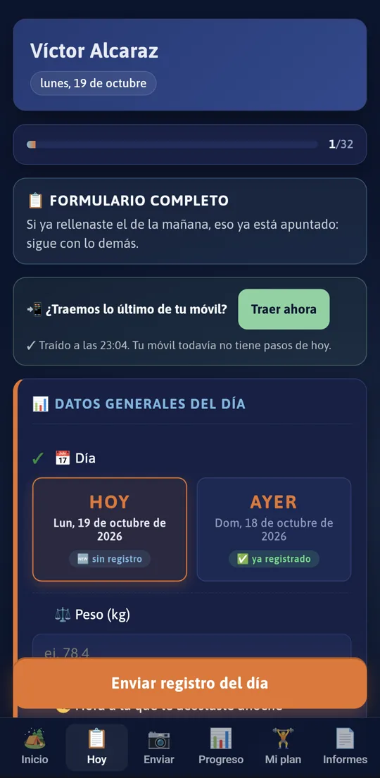 Formulario con el mensaje Traído a las 23:04