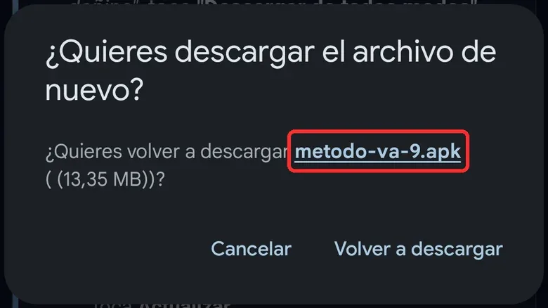 Aviso ¿Quieres descargar el archivo de nuevo?, con el nombre del archivo marcado