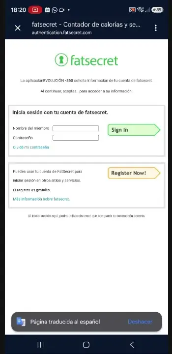 Página de fatsecret que pide el permiso