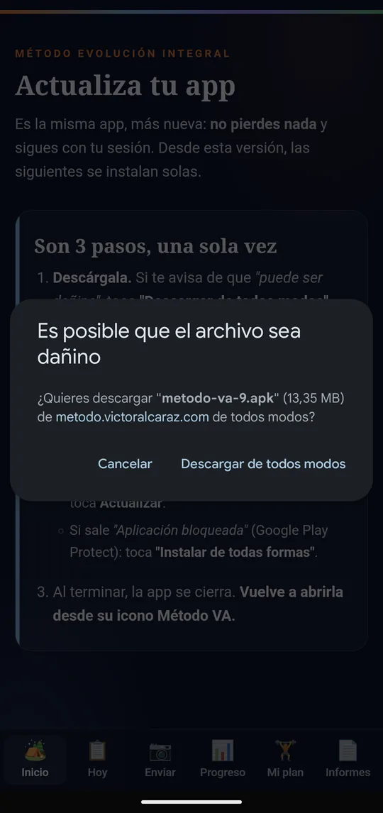 Aviso Es posible que el archivo sea dañino, con Descargar de todos modos