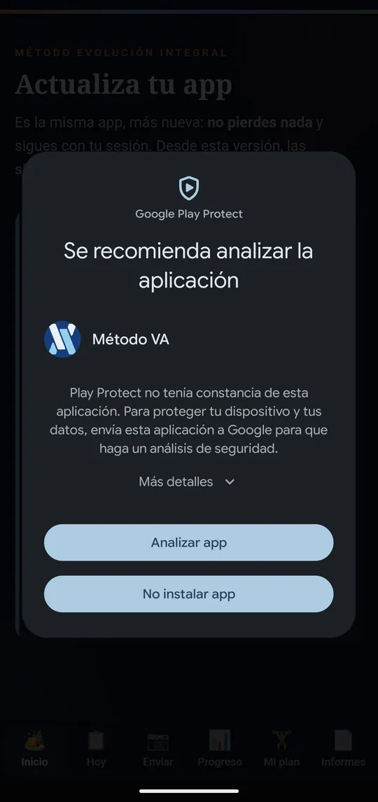 Play Protect: Se recomienda analizar la aplicación, con Analizar app