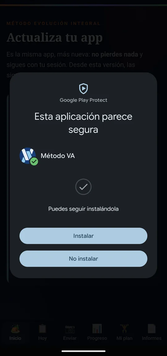 Play Protect: Esta aplicación parece segura, con Instalar
