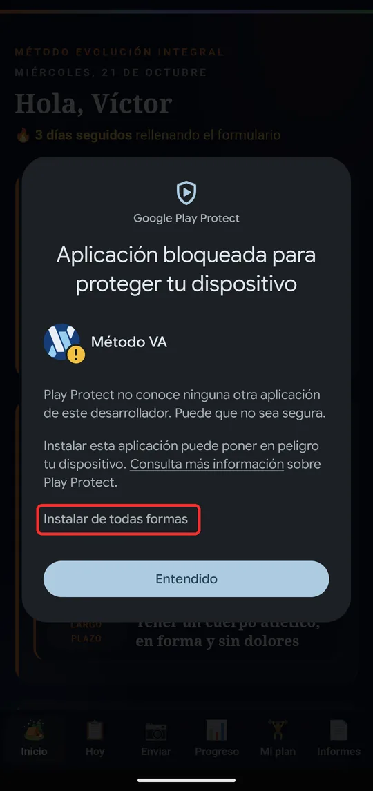 Play Protect desplegado con Instalar de todas formas marcado