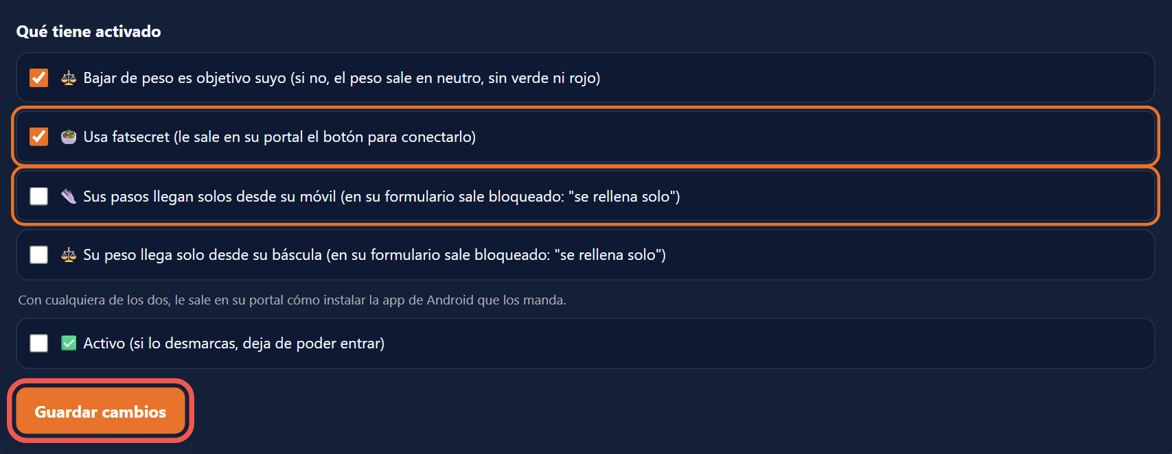Interruptores Usa fatsecret y Sus pasos llegan solos, y el botón Guardar cambios
