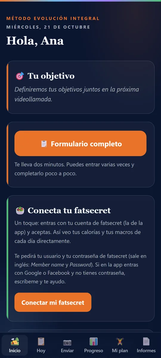 Su portal abierto en el navegador: Hola, con su nombre