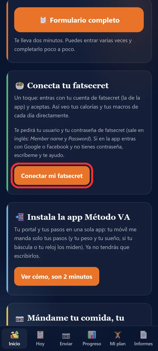 Tarjeta Conecta tu fatsecret con el botón marcado