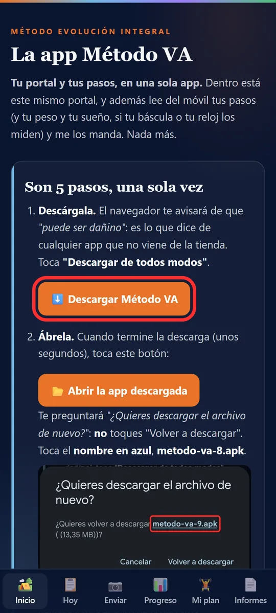 Página de la app con el botón Descargar Método VA marcado
