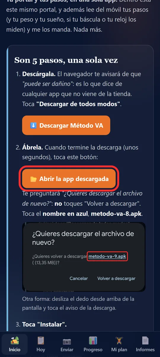 Página de la app con el botón Abrir la app descargada marcado