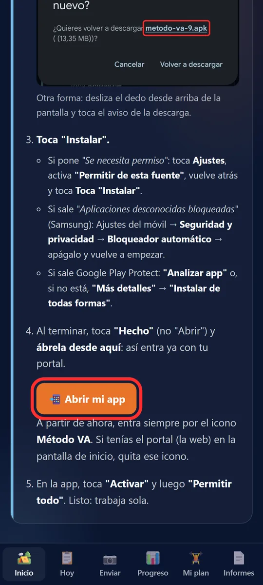 Página de la app con el botón Abrir mi app marcado