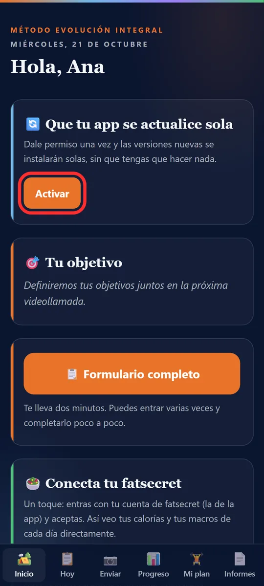 Tarjeta Que tu app se actualice sola con Activar marcado