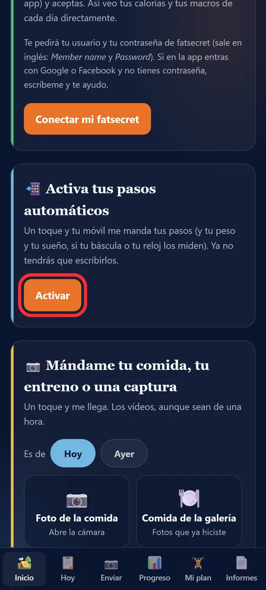 Tarjeta Activa tus pasos automáticos con Activar marcado