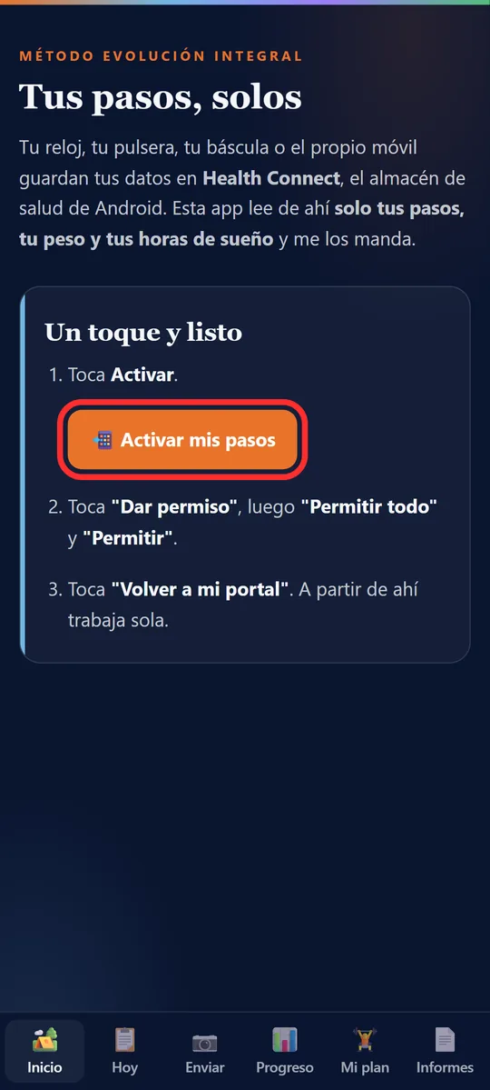Página Un toque y listo con Activar mis pasos marcado