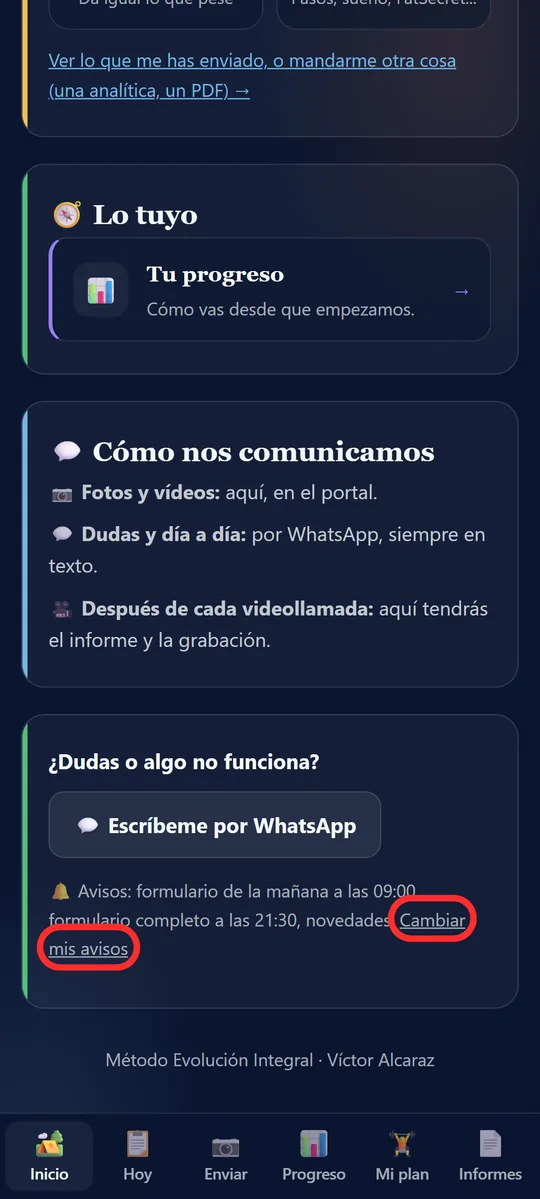 Final de Inicio con Cambiar mis avisos marcado