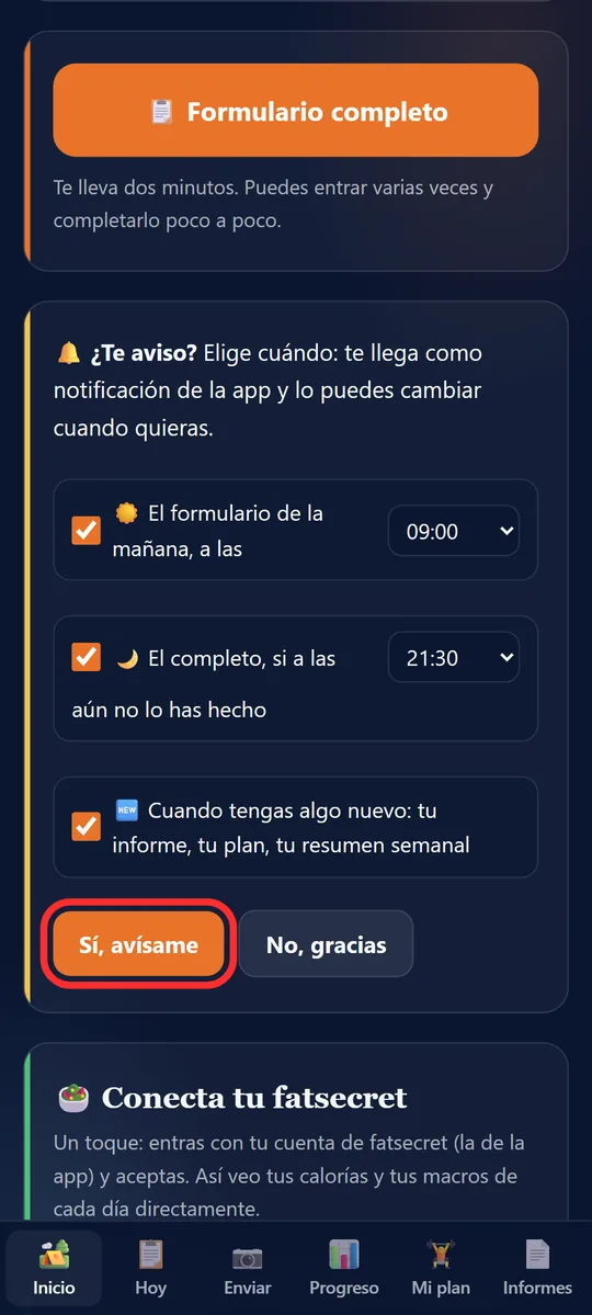 Tarjeta ¿Te aviso? con las horas que se pueden cambiar y Sí, avísame marcado